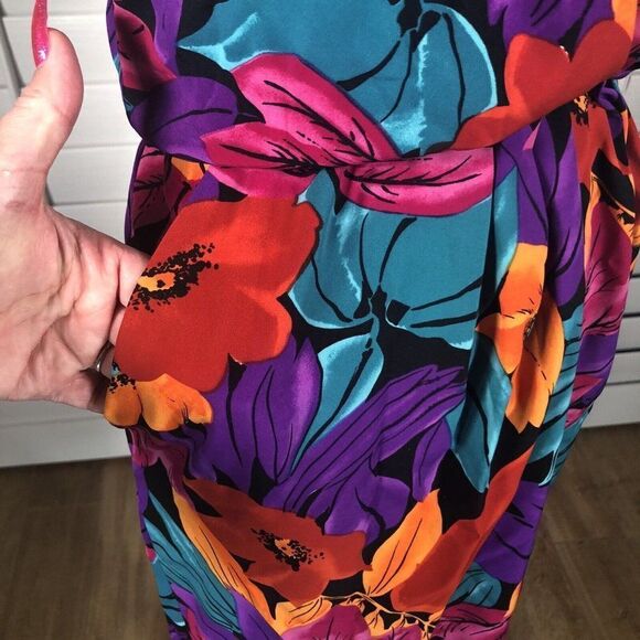 Vintage 80's Tess Dress S Bright Floral Print Blouson Turquoise Purple Sheath - Picture 7 of 12